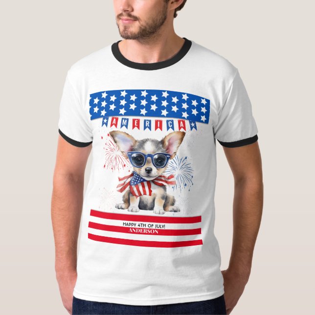 T-shirt Chihuahua Happy 4 juillet Amérique patriotique USA (Devant)