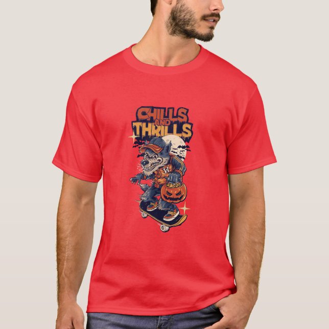 T-shirt Chills and Thrills Halloween Werewolf Skateboard (Devant)