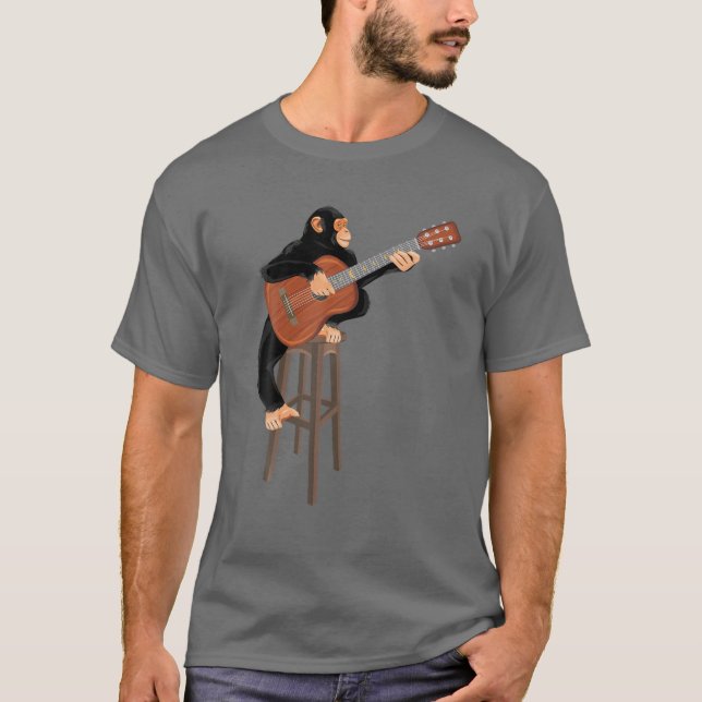 T-shirt Chimpanzé Jouant De Guitare Acoustique. Drôle sing (Devant)