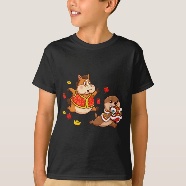 T-shirt Chinese Horse Otter Funny Kids Mens Womens Happy N (Devant)