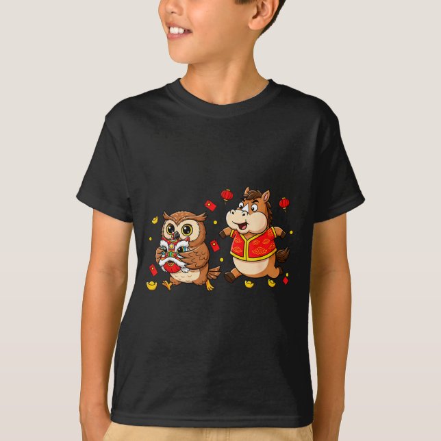 T-shirt Chinese Horse Owl Funny Kids Mens Womens Happy New (Devant)
