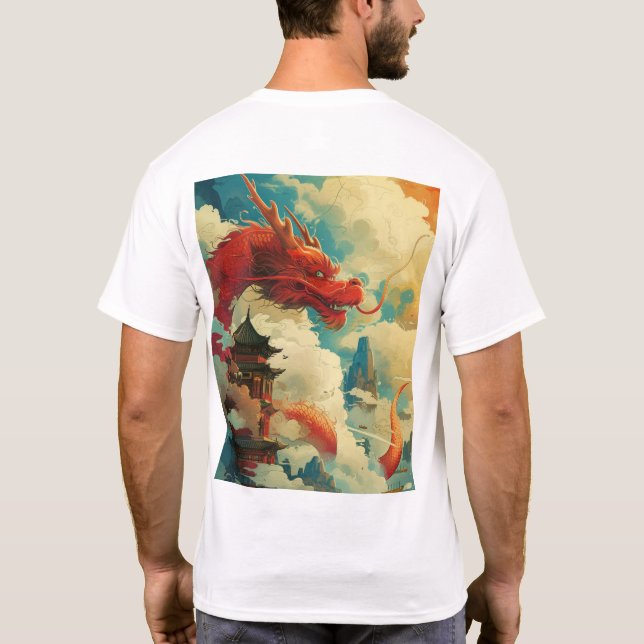 T-shirt chinois traditionnel Dragon Rouge Comique (Dos)