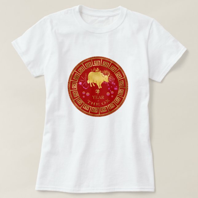 T-shirt Chinois Zodiac Ox Rouge/Or ID542 (Design devant)