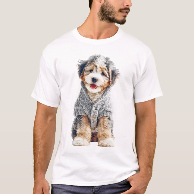 T-shirt Chiot adorable dans un pull en tricot gris douille (Devant)