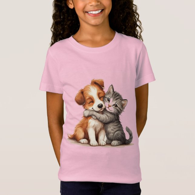 T-Shirt Chiot adorable et chaton accroché avec des sourire (Devant)