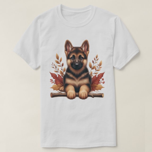 T-shirt Chiot Allemand Avec Feuilles D'Automne (Design devant)