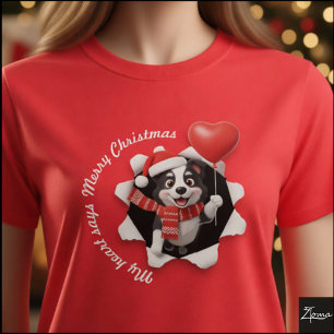 T-shirt Chiot Border Collie Écharpe Cœur de Noël