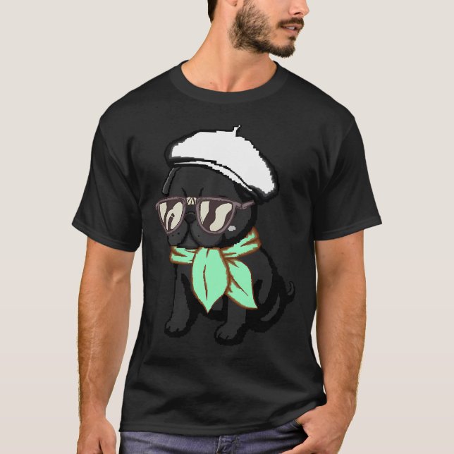 T-shirt Chiot Carlin Noir Écharpe Verte Pixel Art (Devant)