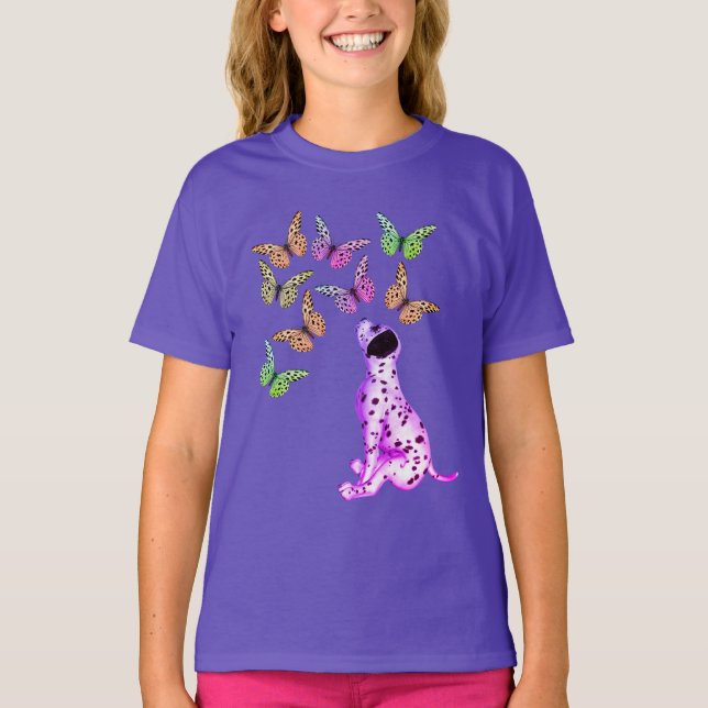 T-shirt Chiot dalmate Et Papillons Colorés (Devant)