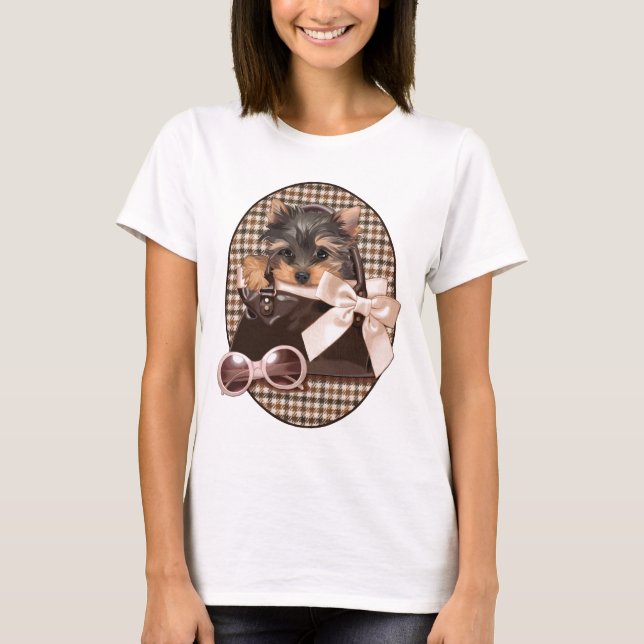 T-shirt Chiot de Yorkie de pied-de-poule (Devant)