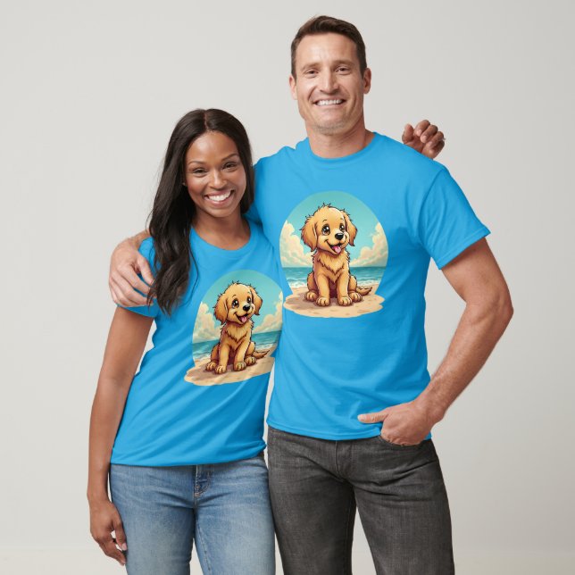 T-shirt Chiot doré mignon sur une scène de plage ensoleill (Unisexe)