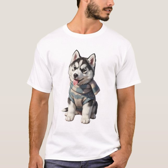 T-shirt Chiot Husky Mignon en Pull d'Hiver (Devant)