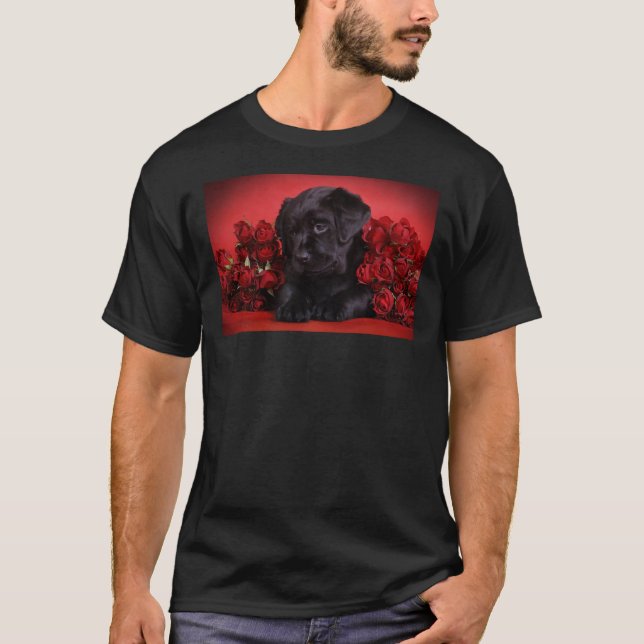 T-shirt Chiot Labrador Avec Roses Rouges (Devant)