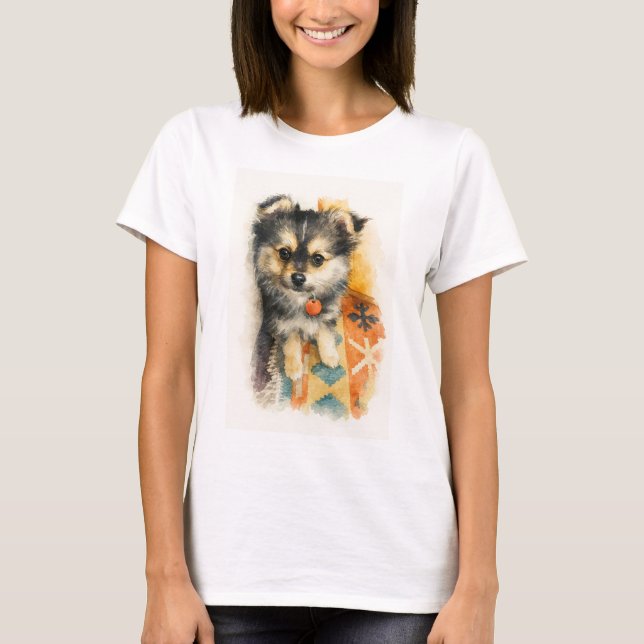 T-Shirt Chiot Pomchi Aquarelle (Devant)