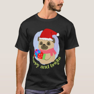 T-shirt Chiot Pug mignon avec un chapeau de Noël a reçu un