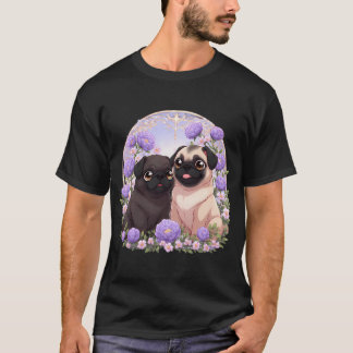 T-shirt Chiots carlins parmi les fleurs de pivoine