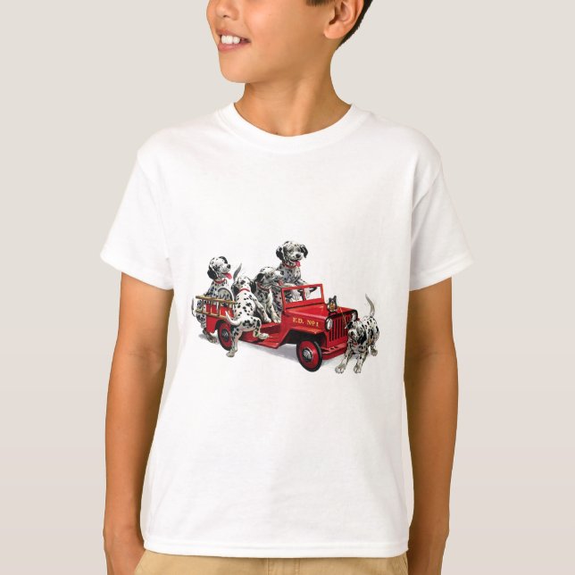 T-shirt Chiots dalmatiens avec le camion de pompiers (Devant)