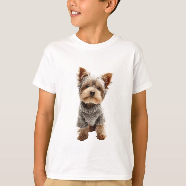 T-shirt Chiots Yorkshire Terrier en Pull Tricoté Gris pour (Devant)