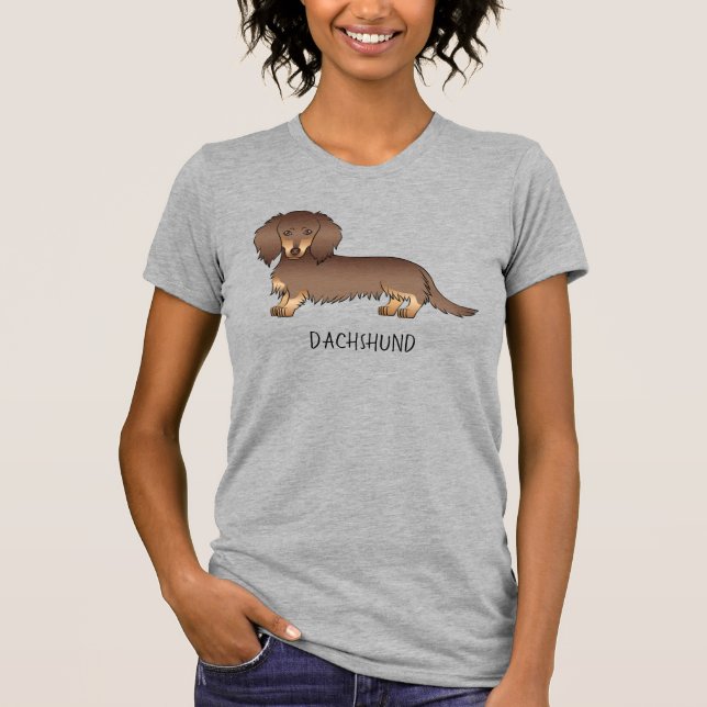 T-shirt Chocolat & Tan Long Cheveux Dachshund Chien & Text (Devant)