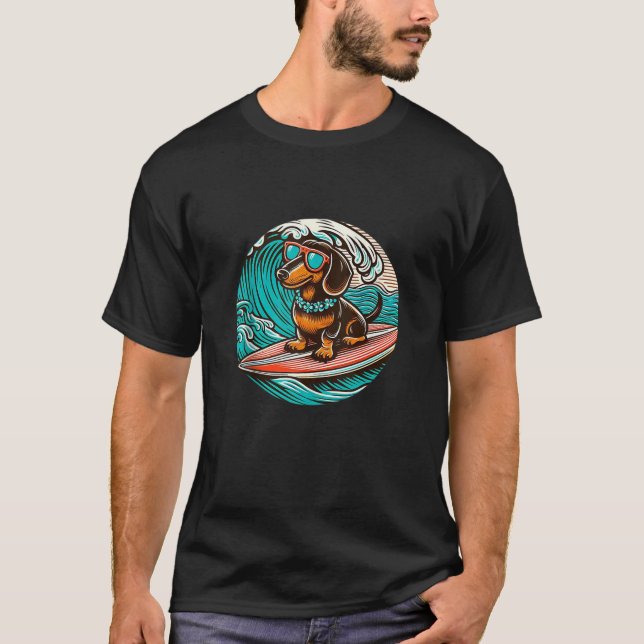 T-shirt Chocolate Dachshund Surfing Summer Vibes Beach Sur (Devant)