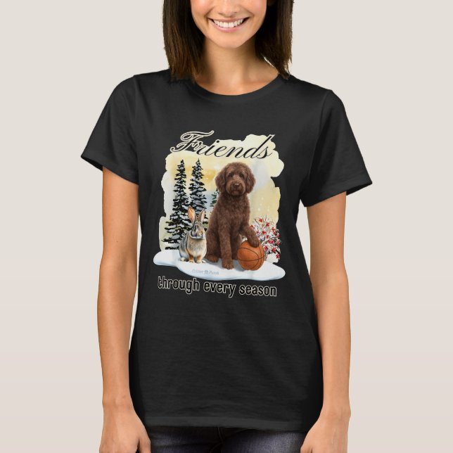T-shirt Chocolate Goldendoodle et ami dans la neige d'hive (Devant)