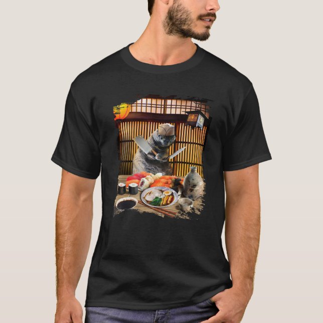 T-shirt Chonk Chat Sushi Ramen Chef, Kitty Portant Des Lun (Devant)