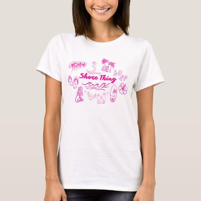 T-shirt Chose assurée Doodles de plage de surf rose chaud (Devant)