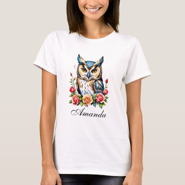T-shirt Chouette aquarelle avec Fleurs Fille (Devant)