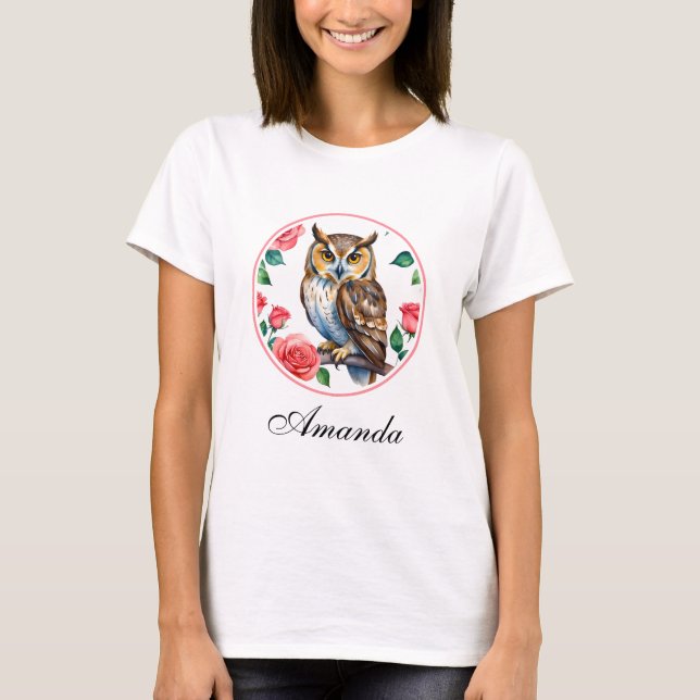 T-shirt Chouette aquarelle décorative avec Rose (Devant)