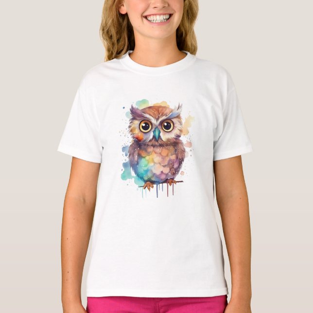 T-shirt Chouette Aquarelle Mignonne Pour Filles (Devant)