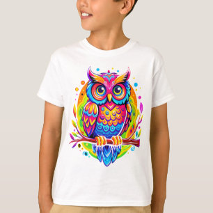 T-shirt Chouette arc-en-ciel avec Feuilles tropicaux sur a