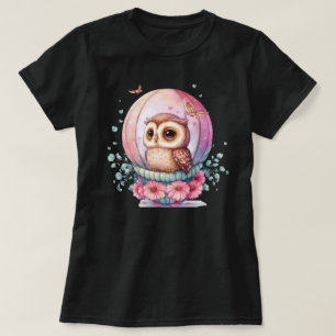 T-shirt Chouette dans une sphère de verre avec fleurs rose