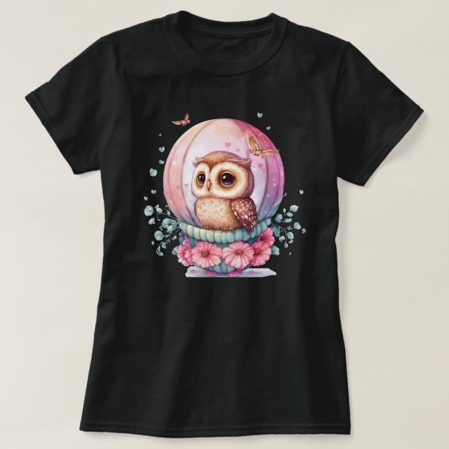 T-shirt Chouette dans une sphère de verre avec fleurs rose (Design devant)
