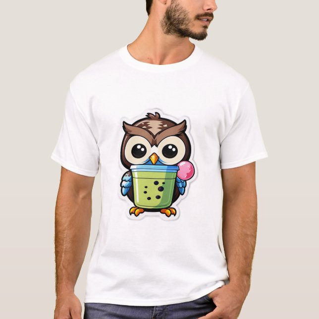 T-shirt Chouette de dessin animé tenant un bubble tea vert (Devant)