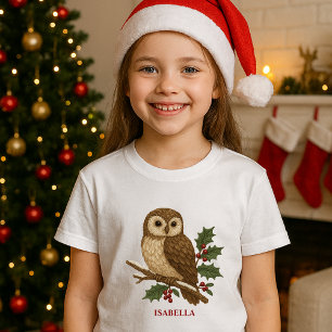 T-shirt Chouette de Noël brodée rustique avec Holly
