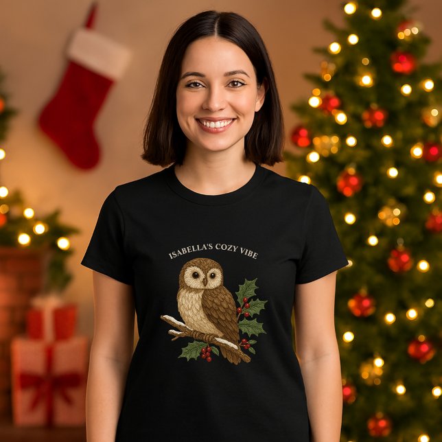 T-shirt Chouette de Noël brodée rustique avec Holly noir (Créateur téléchargé)