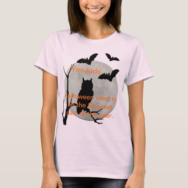 T-shirt Chouette d'Halloween rose pâle et chauves-souris (Devant)