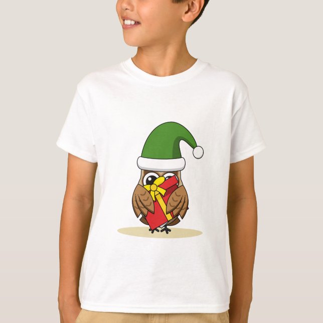 T-shirt Chouette elfe de Noël avec présent (Devant)