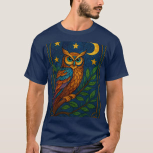 T-shirt Chouette en vitrail sous la lune et les étoiles