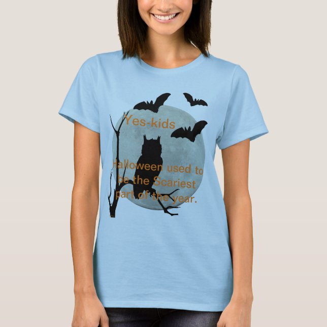 T-shirt Chouette et chauve-souris d'Halloween bleu clair (Devant)