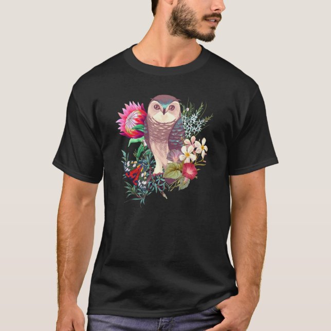 T-shirt Chouette Forestière Avec Fleurs Et Papillon (Devant)