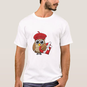 T-shirt Chouette mignonne avec béret rouge et boîte cardia