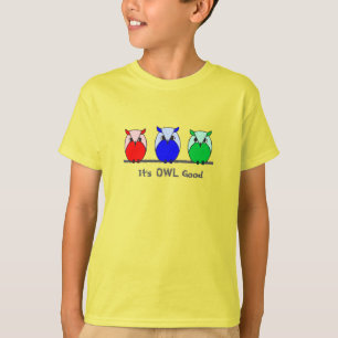 T-shirt Chouettes de caricatures vert bleu rouge brillant 