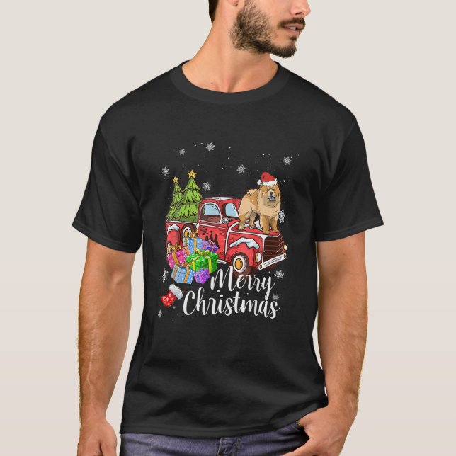 T-shirt Chow Chow équitation Camion Rouge Noël Joyeux Noël (Devant)