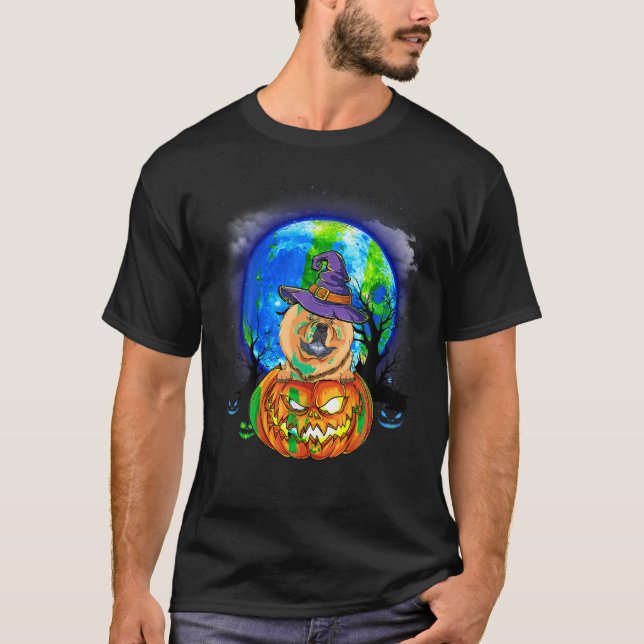 T-shirt Chow Chow Witch Moon Citrouille Effrayant Chien d' (Devant)