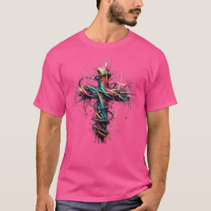 T-shirt Christian Cross Punk Art Style Crown Thorns Distre