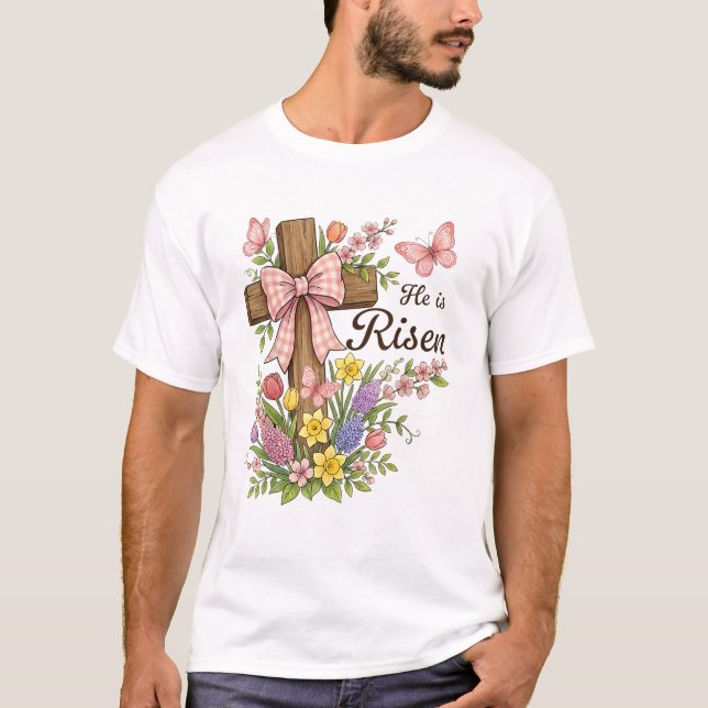 T-shirt Christian- He is Risen Floral Cross Religious East (Devant)