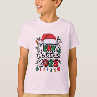 T-shirt Christmas 2025 Pajama Funny Santa Hat Xmas Lights