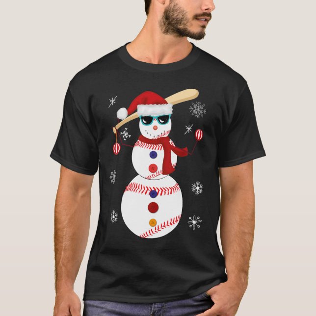 T-shirt Christmas Baseball Snowman Santa Hat Équipe Cadeau (Devant)