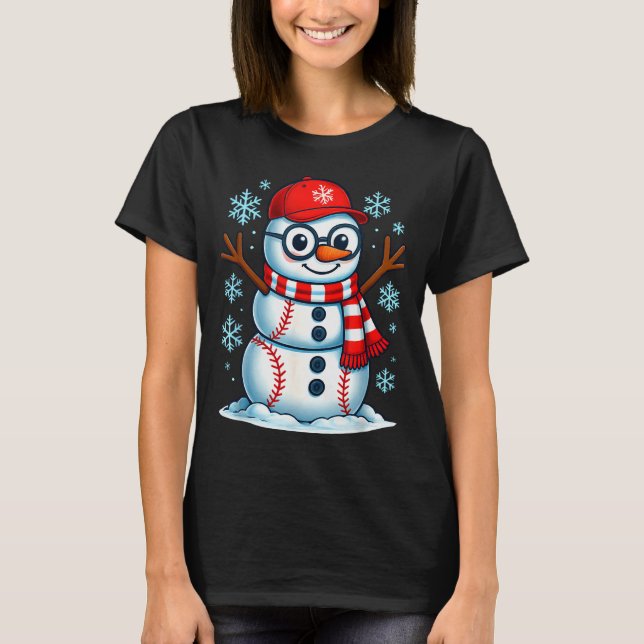 T-shirt Christmas Baseball Snowman Xmas Pajamas Women Men  (Devant)